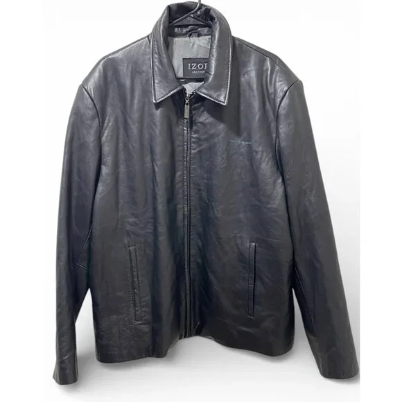 IZOD Men's Black Leather Jacket Full Zip Lined Size XL Classic Style - Picture 2 of 16